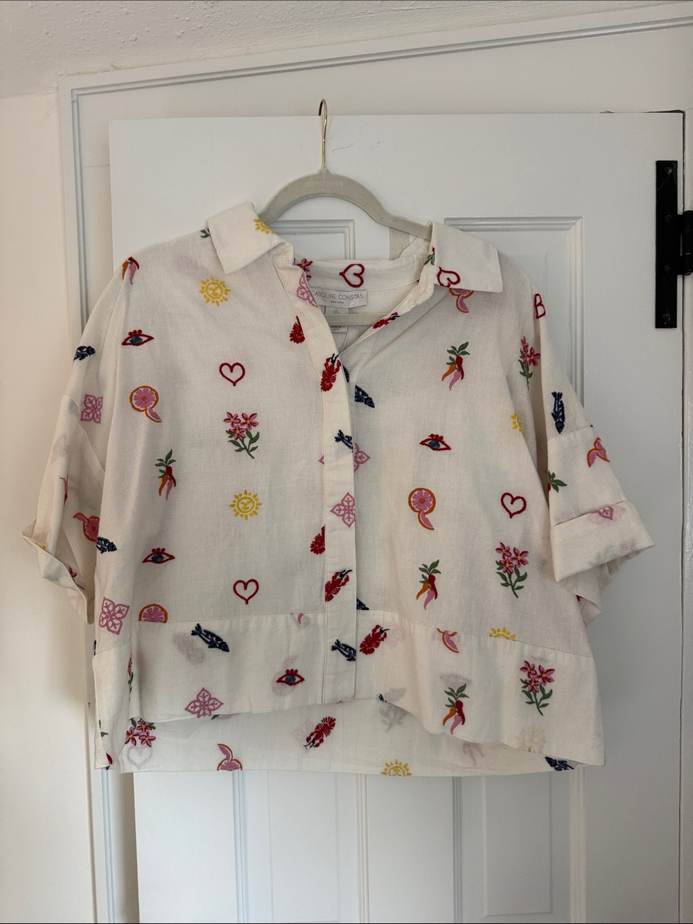 White Kids Button-Front Shirt with Colorful Motif Print